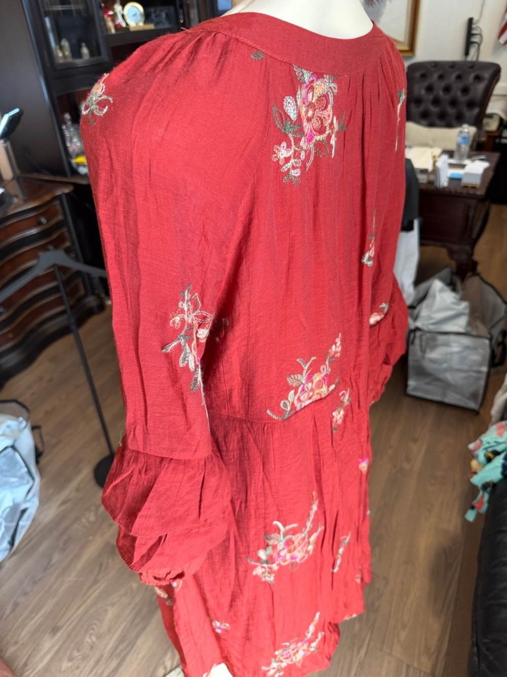 Embroidered V-Neck Boho Dress in Deep Wine - Picture 4 of 10
